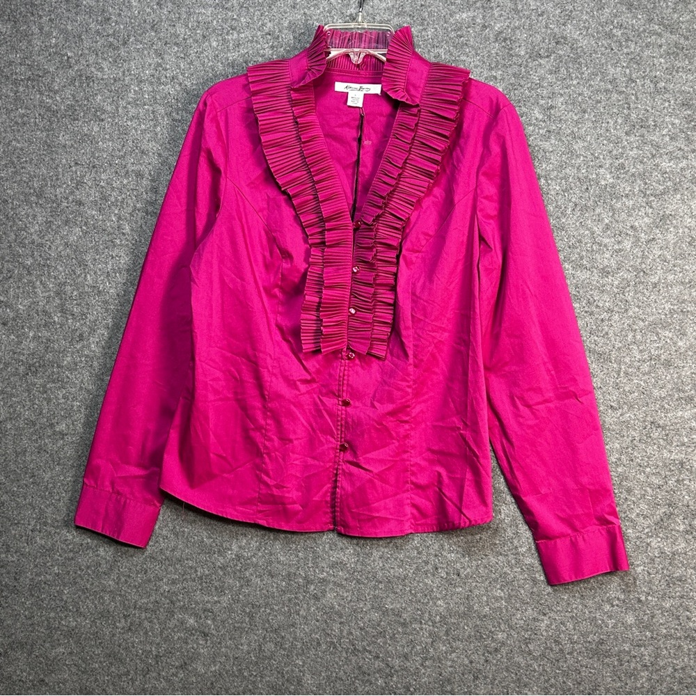 Katherine Barclay Women's L Fuchsia Ruffled Bib Button Blouse Romantic Feminine